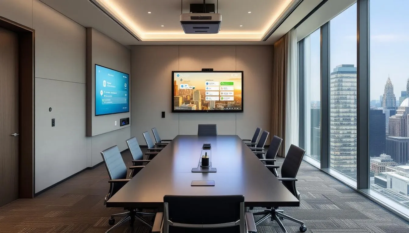 The image depicts a modern hotel conference room featuring large windows that offer stunning views of the Manchester city centre. The room is professionally arranged for a corporate event, showcasing a state-of-the-art meeting setup ideal for international delegates and businesses looking to host their next event in a prime location.