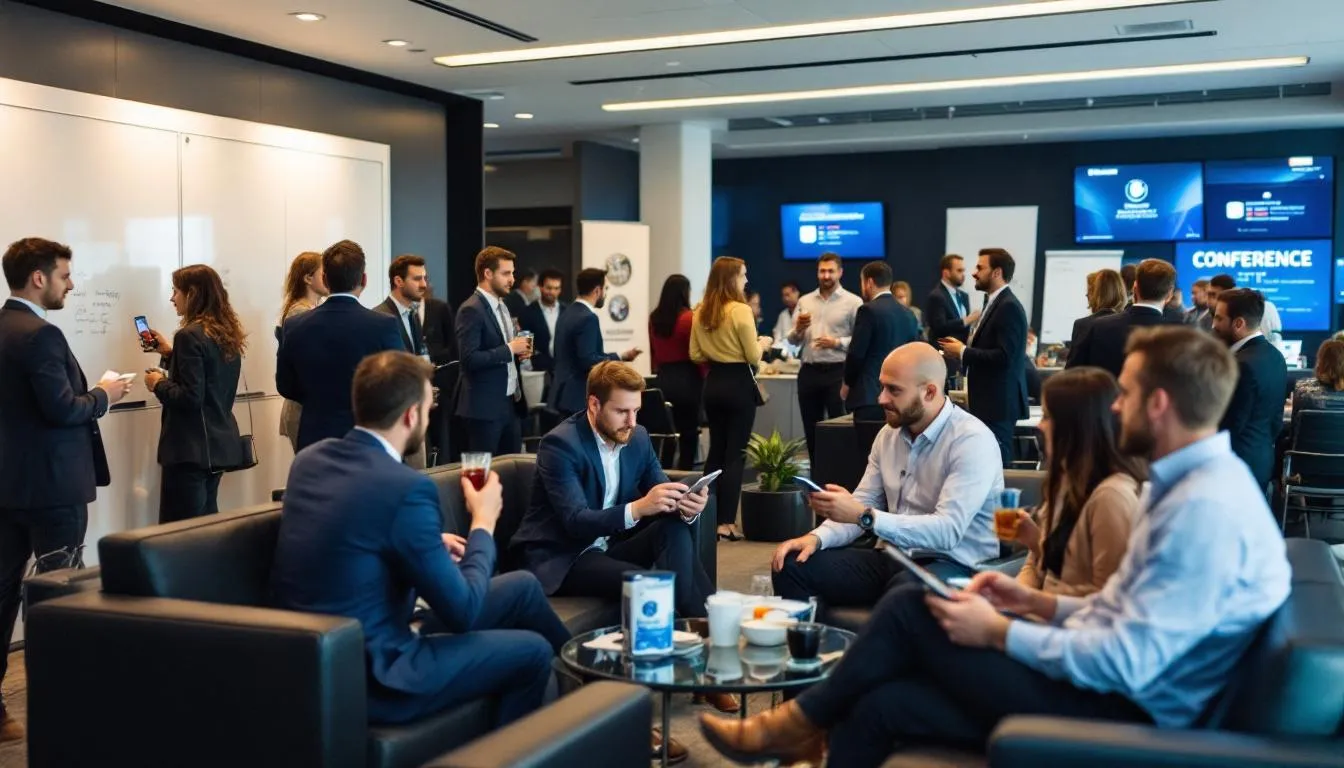 A group of diverse business professionals is engaged in networking within a modern breakout area of a conference venue in Manchester city centre. The space features comfortable seating and is designed for corporate events, providing an ideal location for international delegates to connect and collaborate.