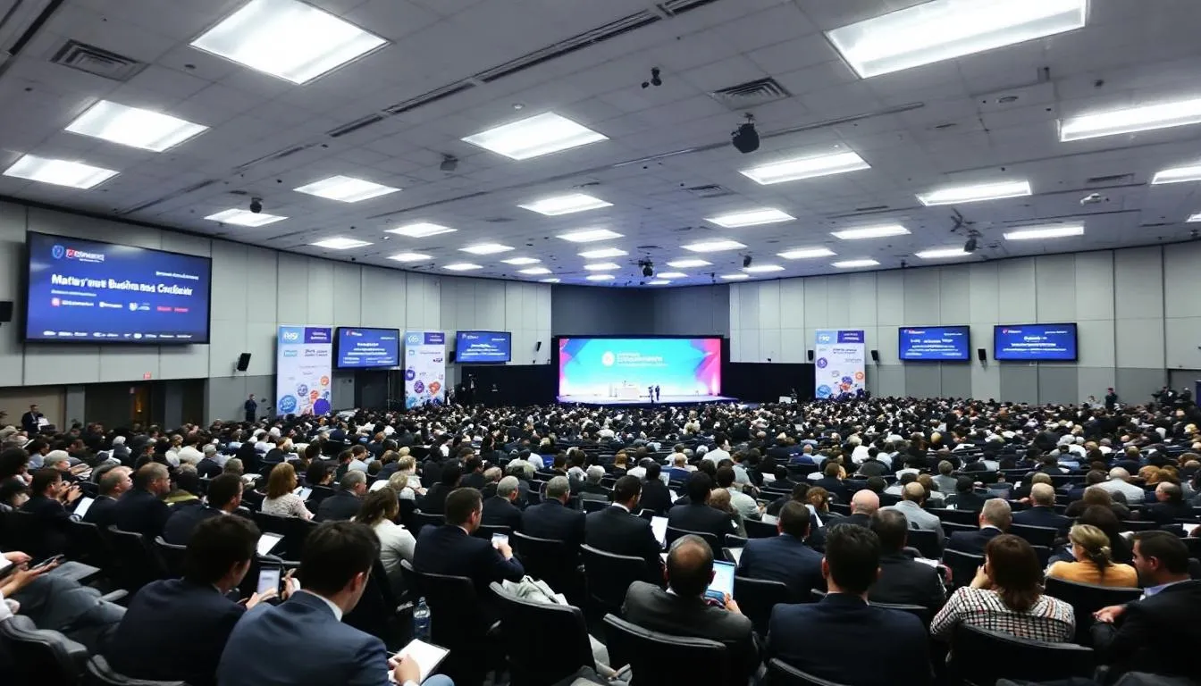 A large conference hall bustling with attendees during a major corporate event, showcasing international delegates networking and engaging in discussions. The venue, located in Manchester city centre, offers state-of-the-art meeting spaces ideal for hosting successful business gatherings.
