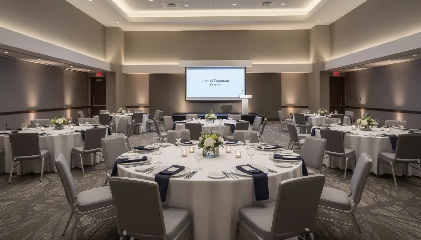A modern hotel ballroom in downtown Indianapolis is elegantly arranged with round tables, each set for a corporate dinner event, showcasing a sophisticated atmosphere perfect for networking and social gatherings. The venue is designed to accommodate groups, providing an ideal setting for your next corporate event in the Indianapolis area.