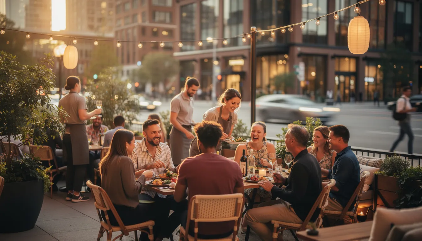 A lively outdoor restaurant patio in downtown Indianapolis features guests enjoying dinner together, with tables set up to accommodate groups. The urban setting buzzes with life, creating a perfect atmosphere for social events and networking opportunities.
